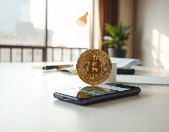 Bitcoin coin near a smartphone showing Crypto.com app, representing the recent transfer