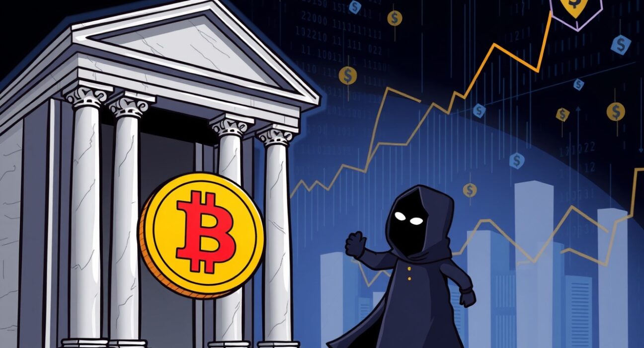 A cartoon illustrating the mysterious Trump Media Bitcoin transfer of $174 million to an anonymous digital wallet.