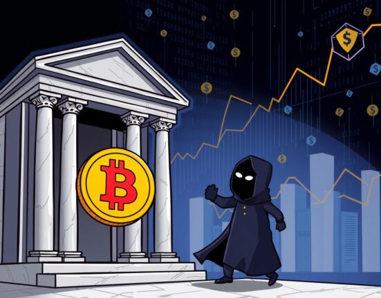 A cartoon illustrating the mysterious Trump Media Bitcoin transfer of $174 million to an anonymous digital wallet.