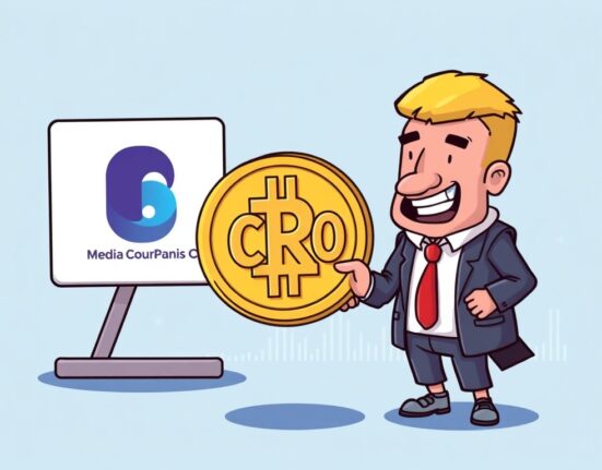 Cartoon illustrating a major Trump Media CRO acquisition, symbolizing a significant strategic move into digital assets.