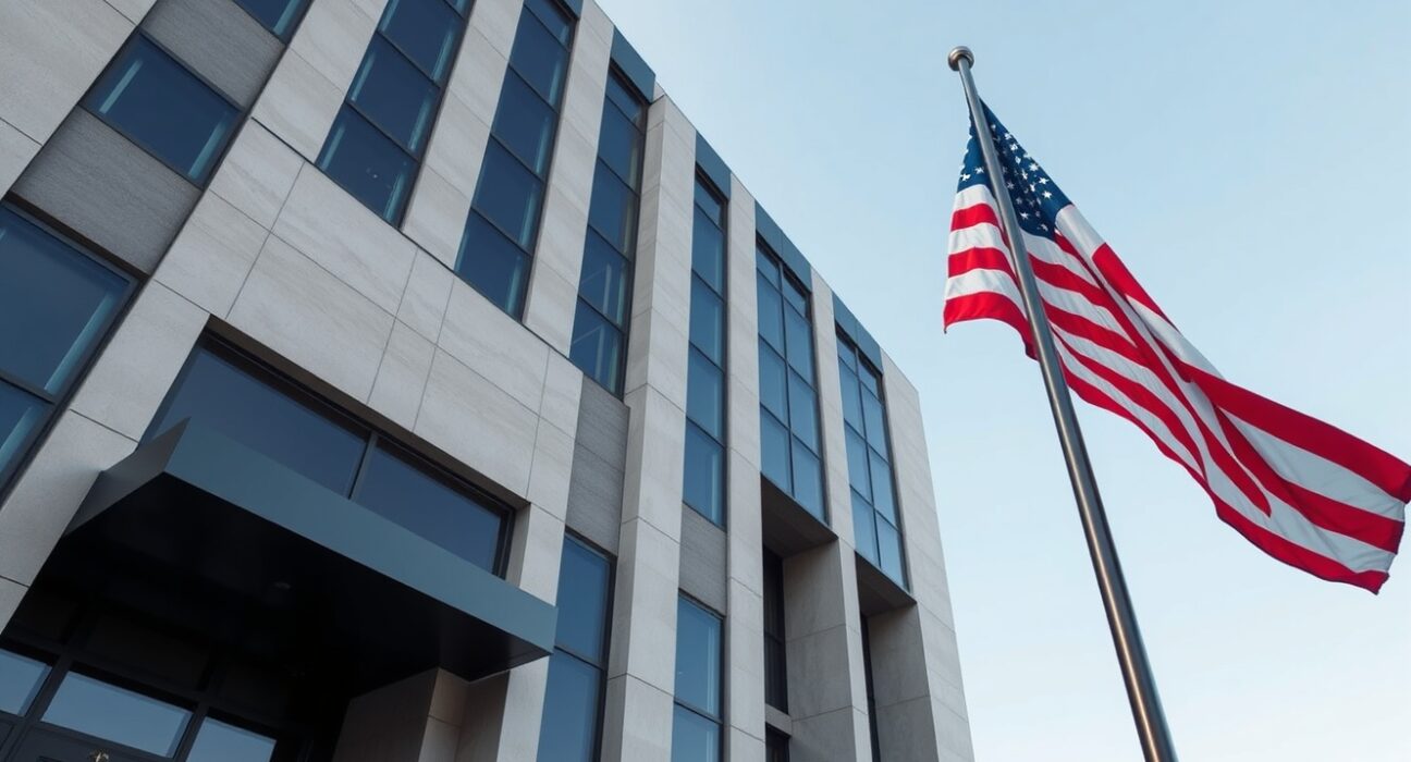 Corporate office building with American flag, representing Trump Media's strategic pivot away from crypto.
