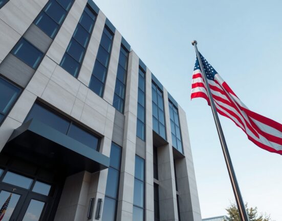 Corporate office building with American flag, representing Trump Media's strategic pivot away from crypto.