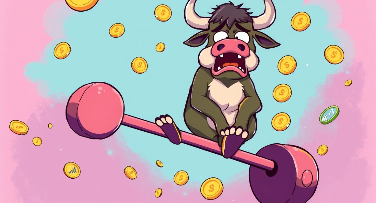 Trump Media net loss illustrated through distressed bull character with falling digital coins