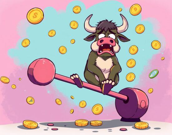 Trump Media net loss illustrated through distressed bull character with falling digital coins