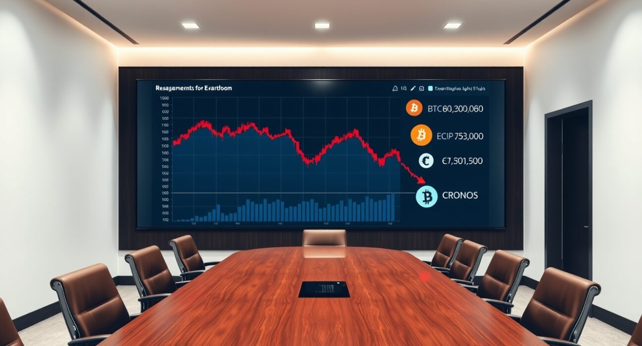 Empty corporate boardroom with a digital display showing declining financial charts and cryptocurrency logos.
