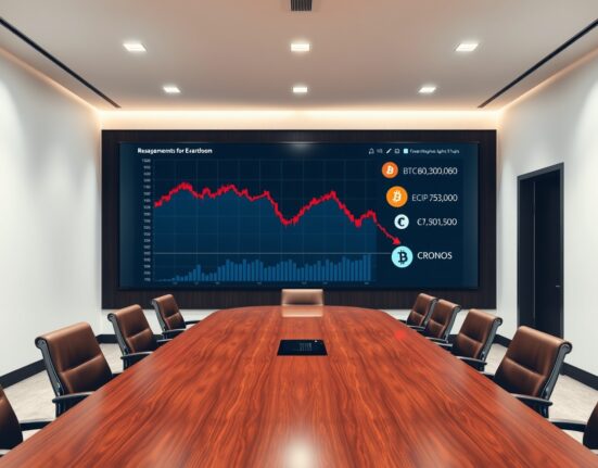 Empty corporate boardroom with a digital display showing declining financial charts and cryptocurrency logos.