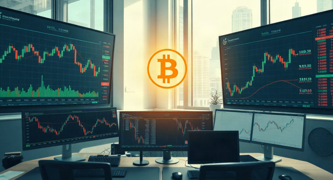 Bitcoin price charts displayed on monitors in a modern trading office, representing cryptocurrency market activity.