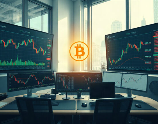 Bitcoin price charts displayed on monitors in a modern trading office, representing cryptocurrency market activity.