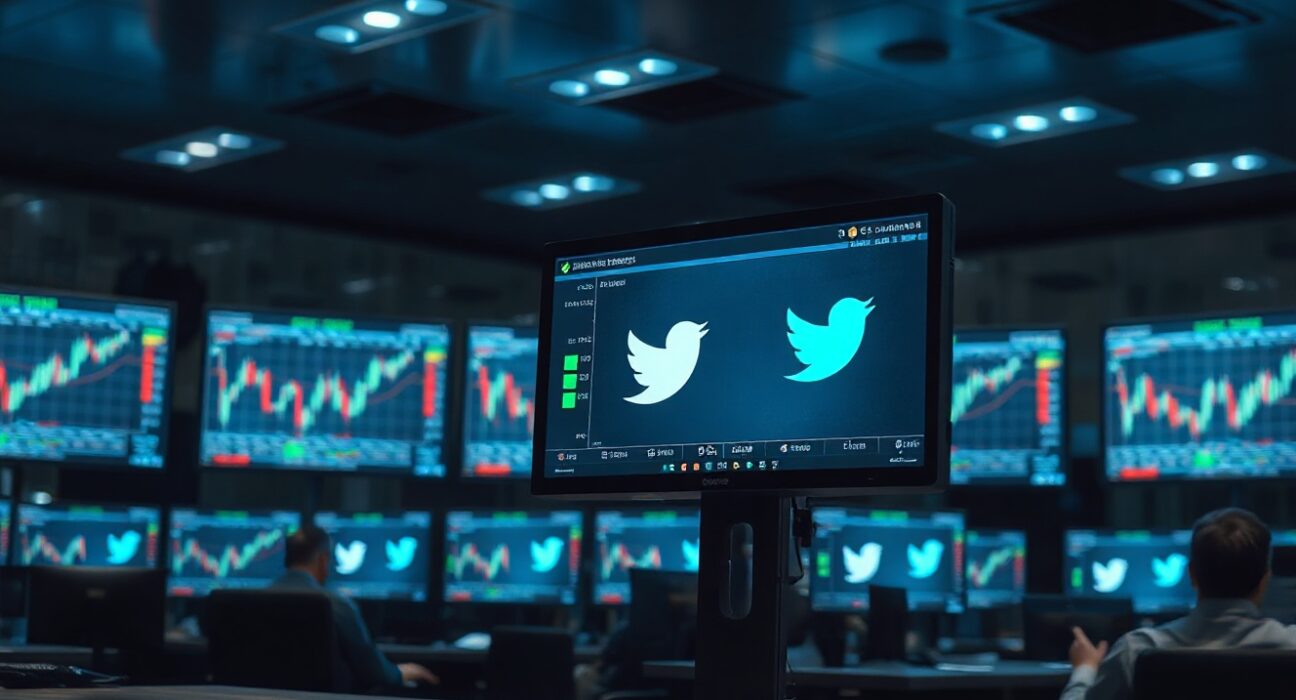 Financial trader monitors with social media feed on screen in dark trading floor