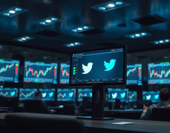 Financial trader monitors with social media feed on screen in dark trading floor