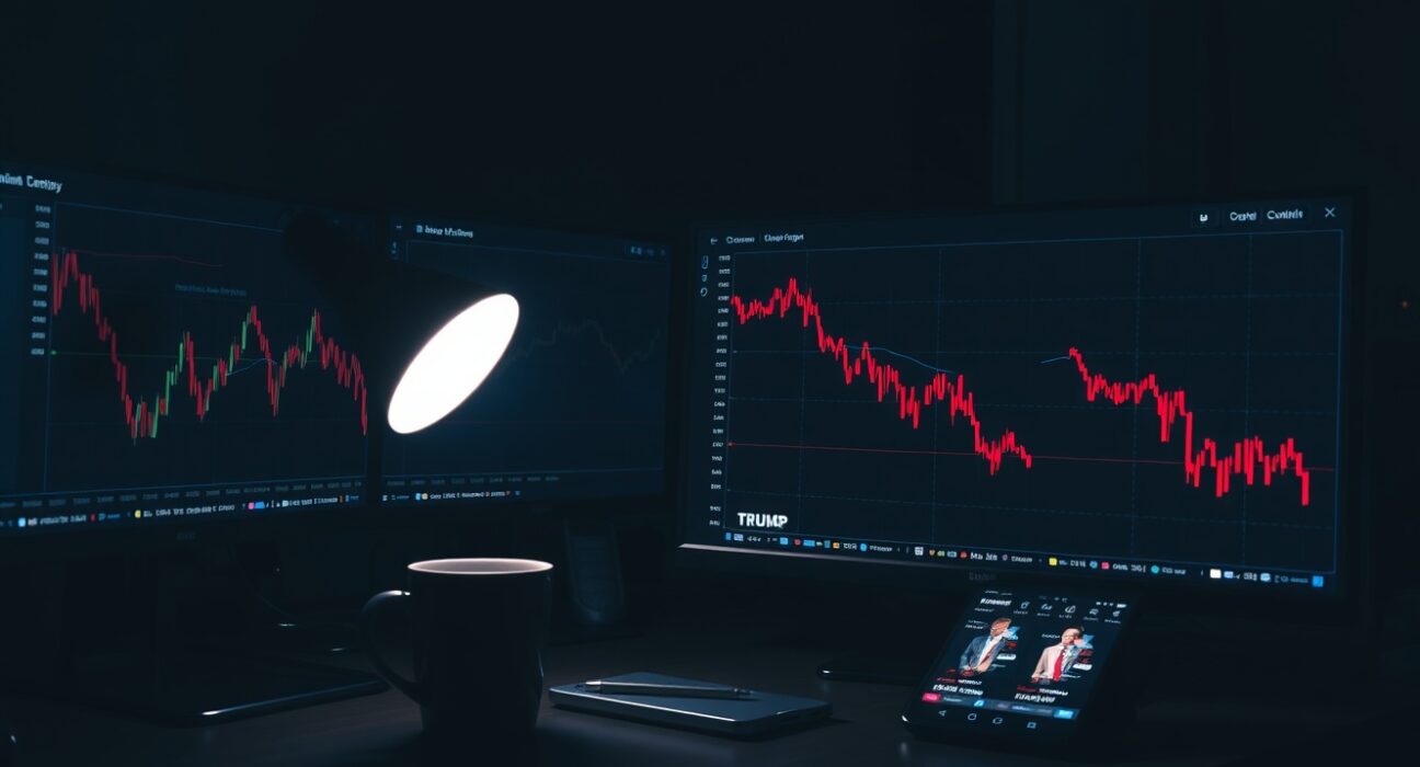 Financial trading monitors showing a declining chart for the TRUMP meme coin in a dark newsroom setting.