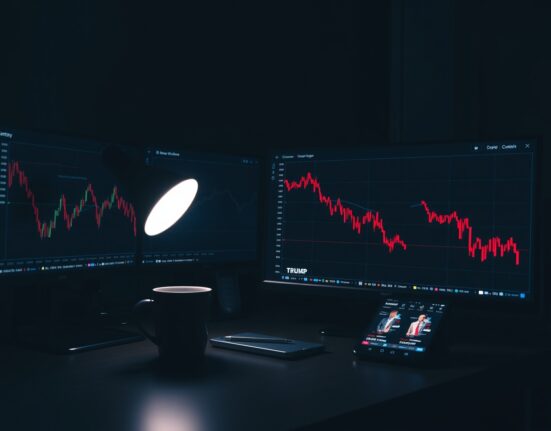 Financial trading monitors showing a declining chart for the TRUMP meme coin in a dark newsroom setting.