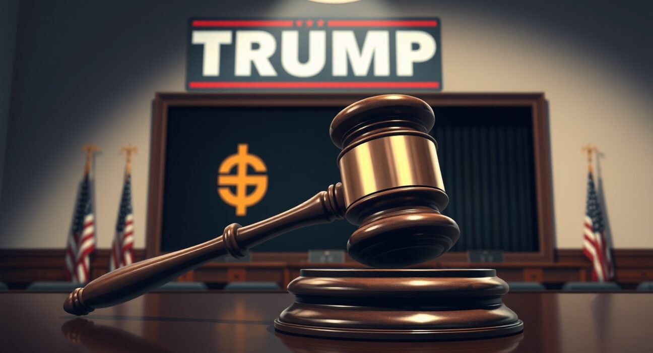 A gavel in a hearing room with a TRUMP cryptocurrency symbol in the background, representing the conflict between meme coins and crypto regulation.