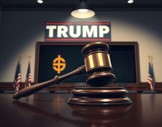 A gavel in a hearing room with a TRUMP cryptocurrency symbol in the background, representing the conflict between meme coins and crypto regulation.