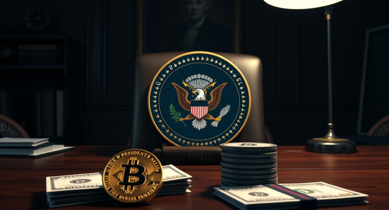 Presidential seal with Bitcoin and dollar bills on a desk, representing Trump's meme coin royalties.