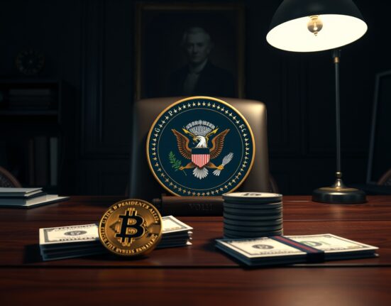 Presidential seal with Bitcoin and dollar bills on a desk, representing Trump's meme coin royalties.