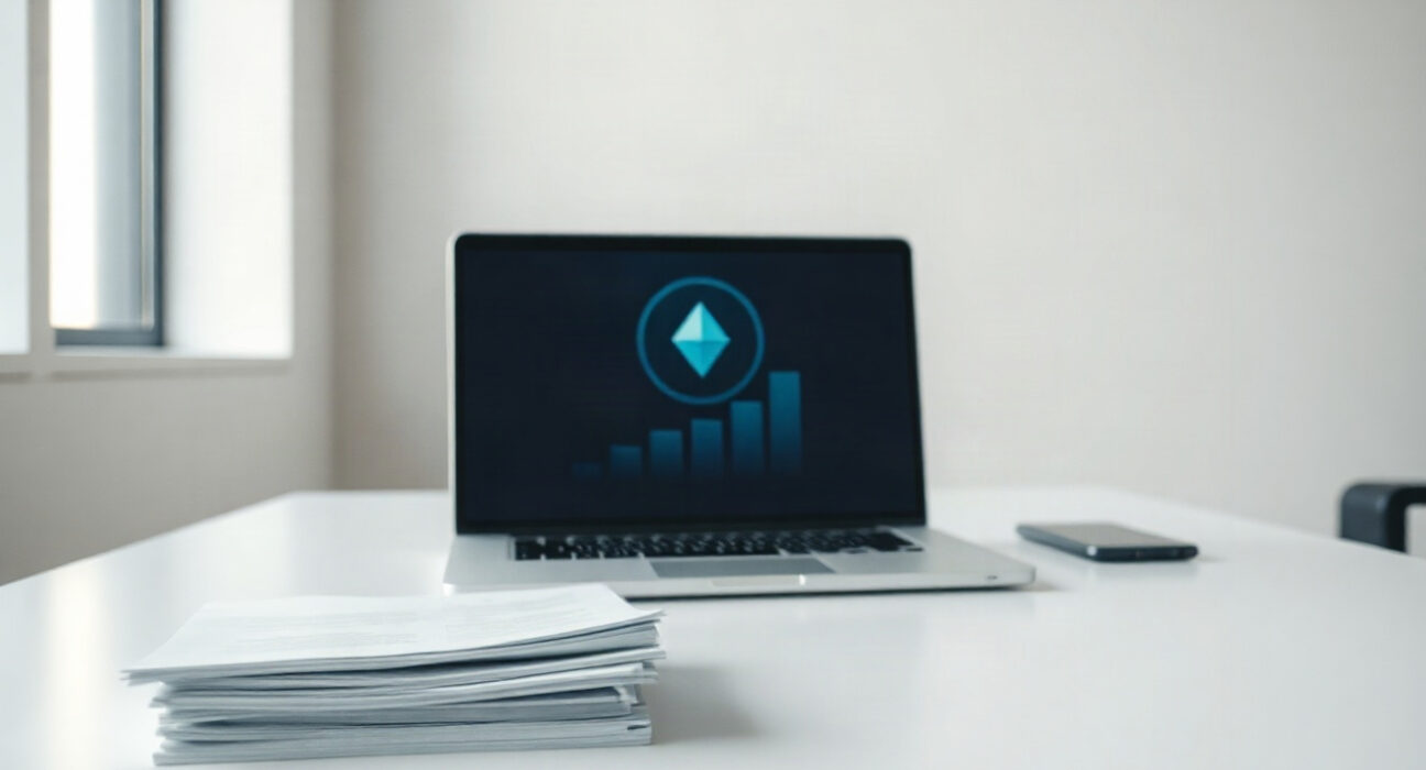 Business desk with laptop and documents symbolizing the Trump memecoin grant program for U.S. companies.