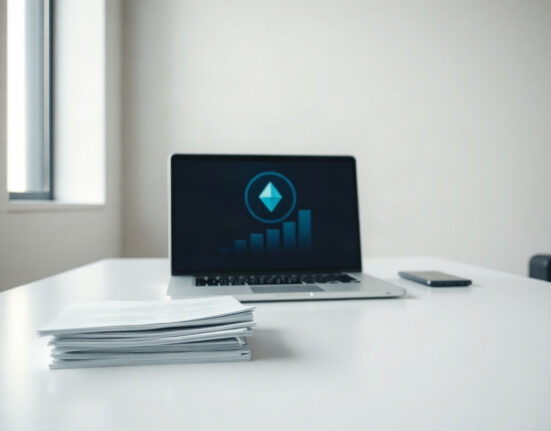 Business desk with laptop and documents symbolizing the Trump memecoin grant program for U.S. companies.