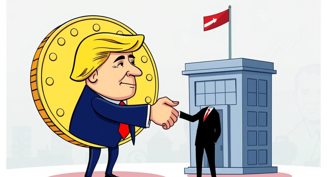 A cartoon illustration depicting the significant Trump memecoin acquisition, symbolizing a major shift in the crypto crowdfunding landscape.