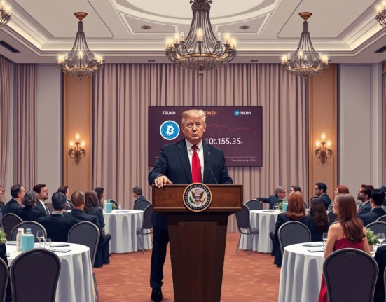 Donald Trump speaking at the exclusive TRUMP memecoin conference in Mar-a-Lago