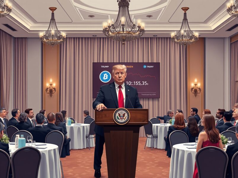 Donald Trump speaking at the exclusive TRUMP memecoin conference in Mar-a-Lago