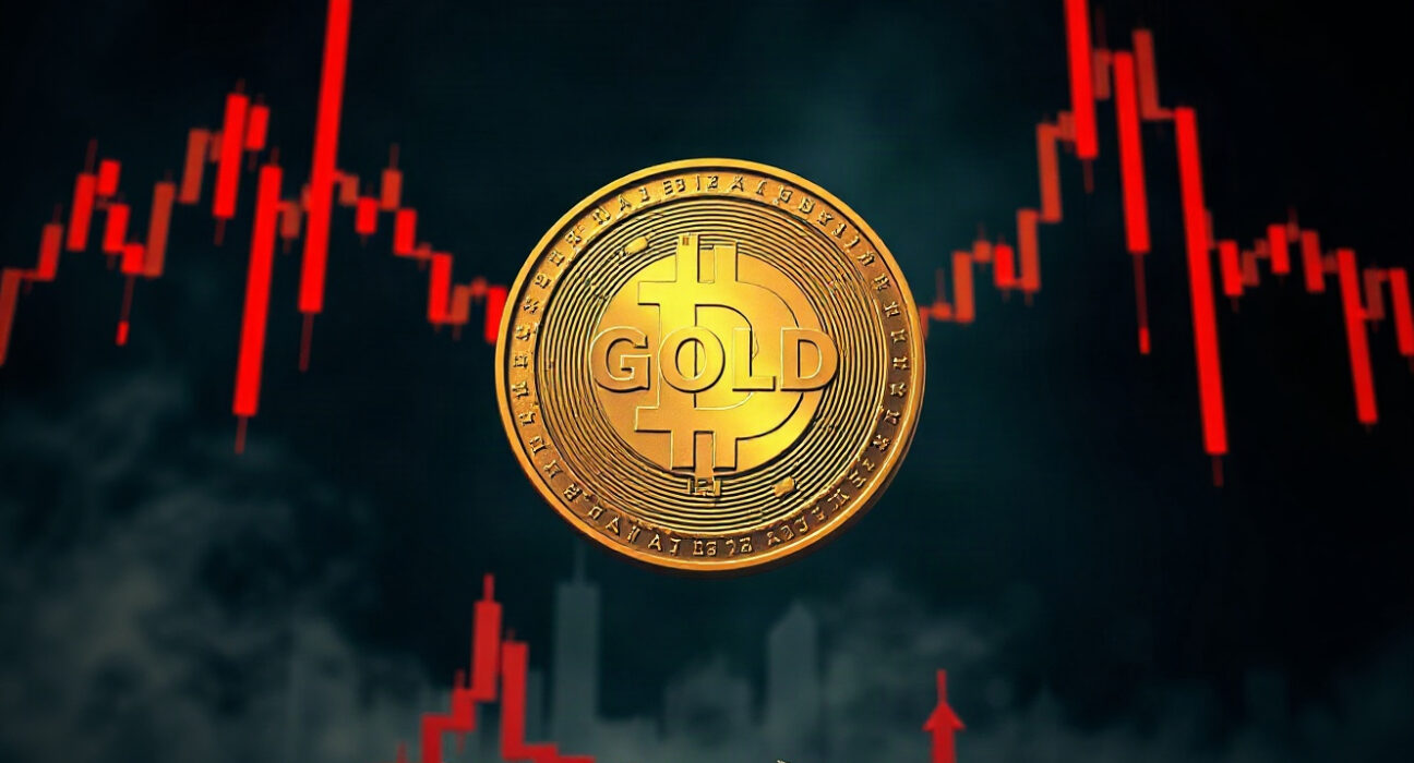 Digital illustration of a golden coin with 'GOLD' text falling amid red candlestick charts, symbolizing a memecoin crash.