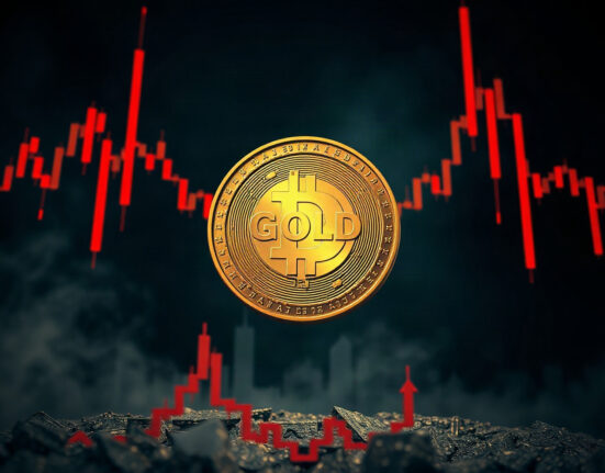 Digital illustration of a golden coin with 'GOLD' text falling amid red candlestick charts, symbolizing a memecoin crash.