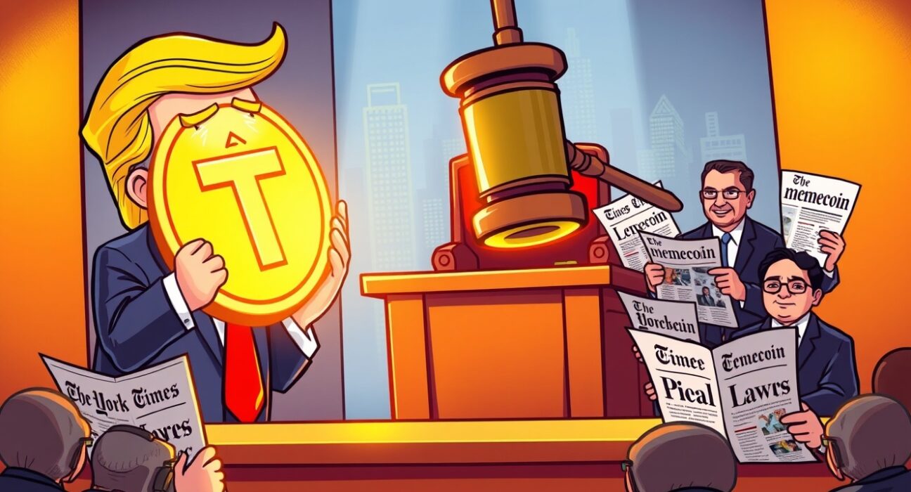 A cartoon depicting the Trump memecoin lawsuit, showing Trump presenting a digital coin in a courtroom against The New York Times.