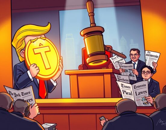 A cartoon depicting the Trump memecoin lawsuit, showing Trump presenting a digital coin in a courtroom against The New York Times.