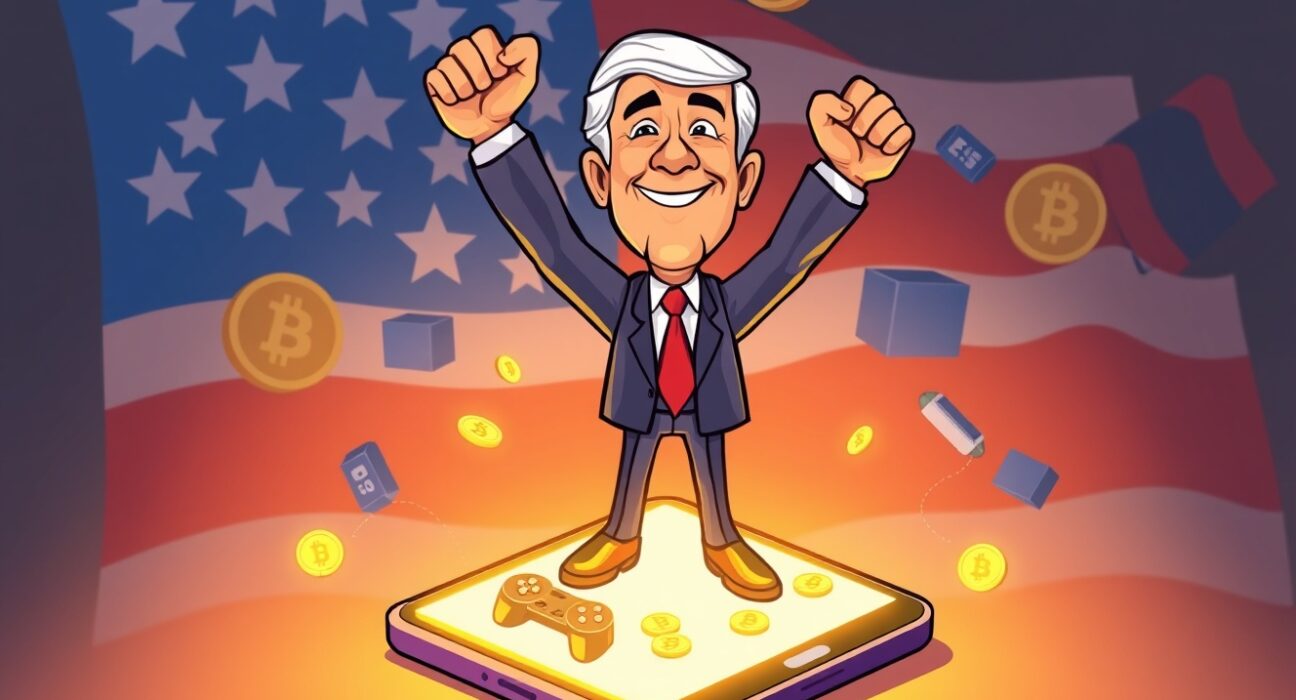 Cartoon illustration of the TRUMP memecoin's new President-themed mobile game on a smartphone.