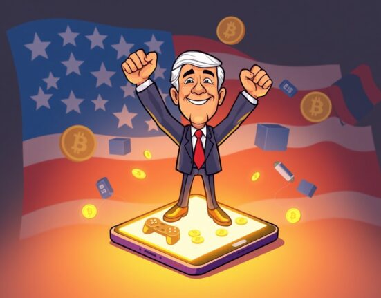 Cartoon illustration of the TRUMP memecoin's new President-themed mobile game on a smartphone.
