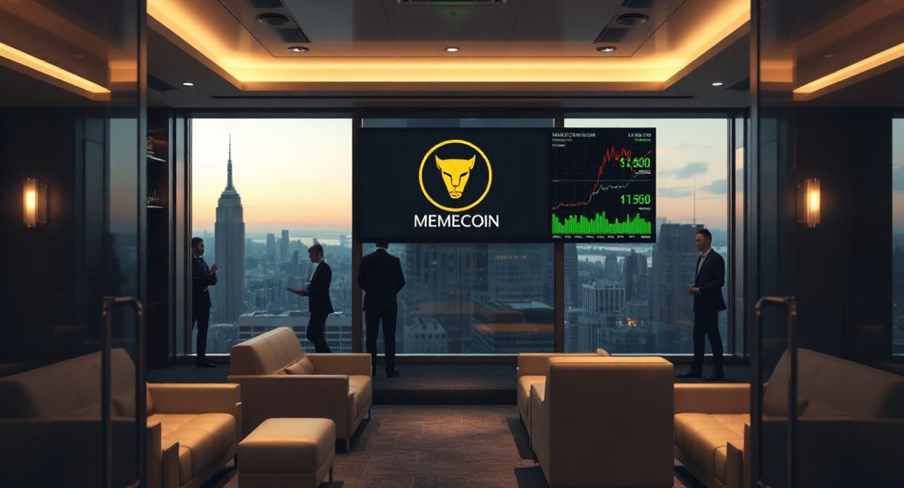 VIP lounge interior in New York with digital screen showing Trump memecoin logo and price charts