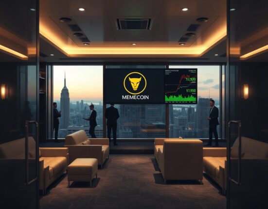 VIP lounge interior in New York with digital screen showing Trump memecoin logo and price charts