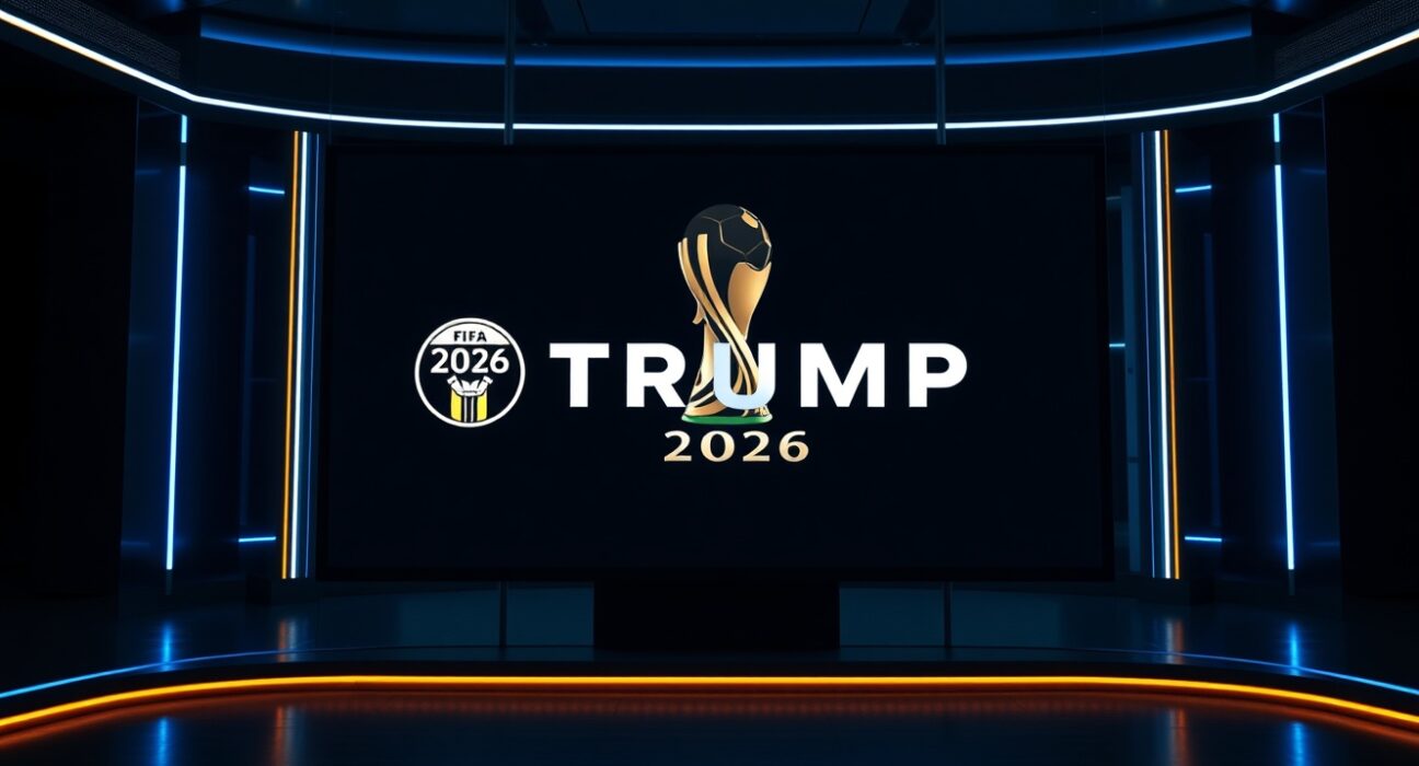 Digital display of TRUMP token logo with 2026 World Cup trophy in background in a newsroom setting