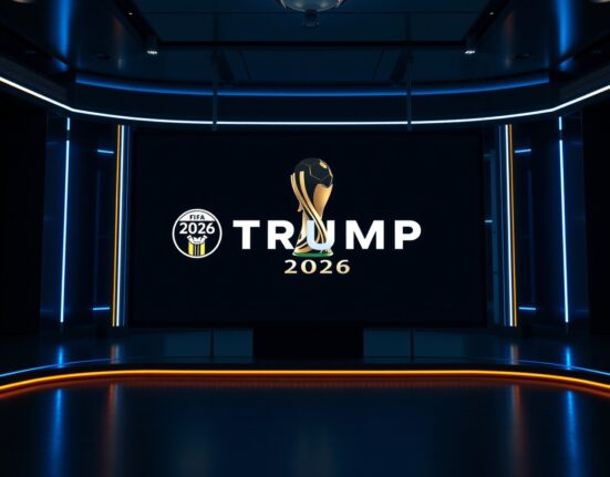 Digital display of TRUMP token logo with 2026 World Cup trophy in background in a newsroom setting