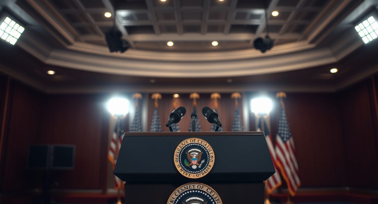 Empty presidential podium at a press briefing room with microphones and American flags in background.