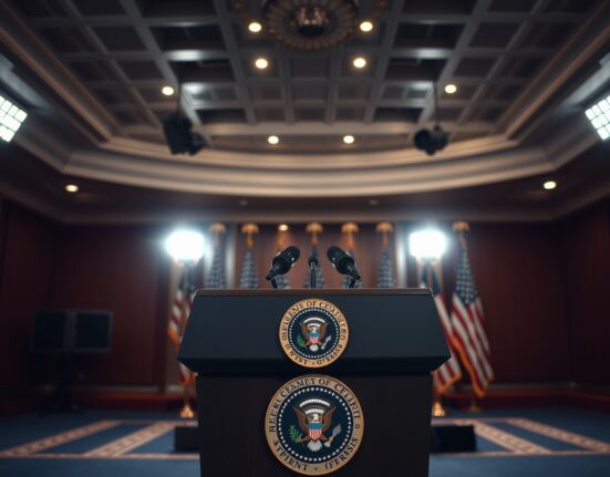 Empty presidential podium at a press briefing room with microphones and American flags in background.