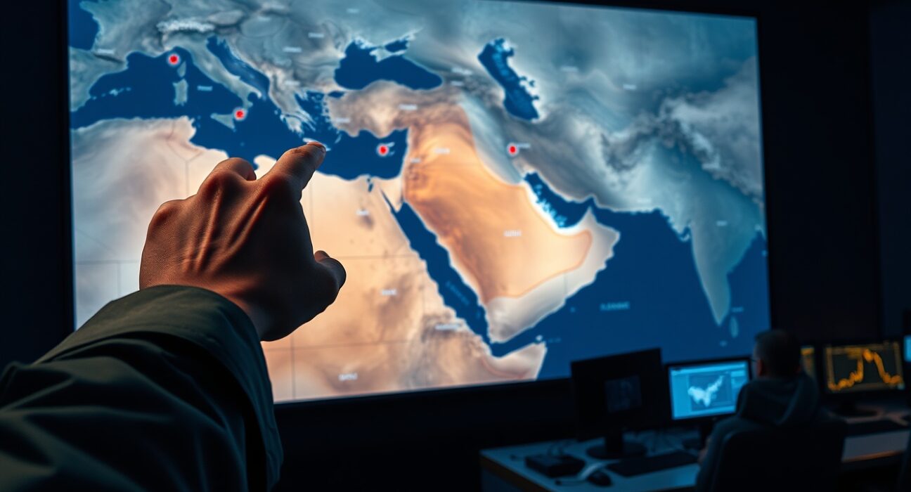 Strategic military planning for US-Iran conflict escalation in Middle East command center