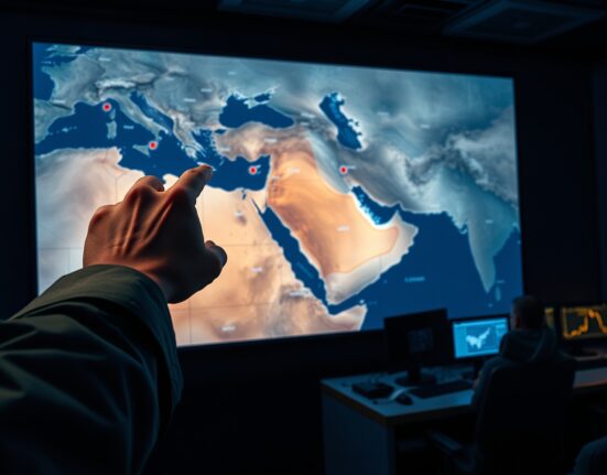 Strategic military planning for US-Iran conflict escalation in Middle East command center