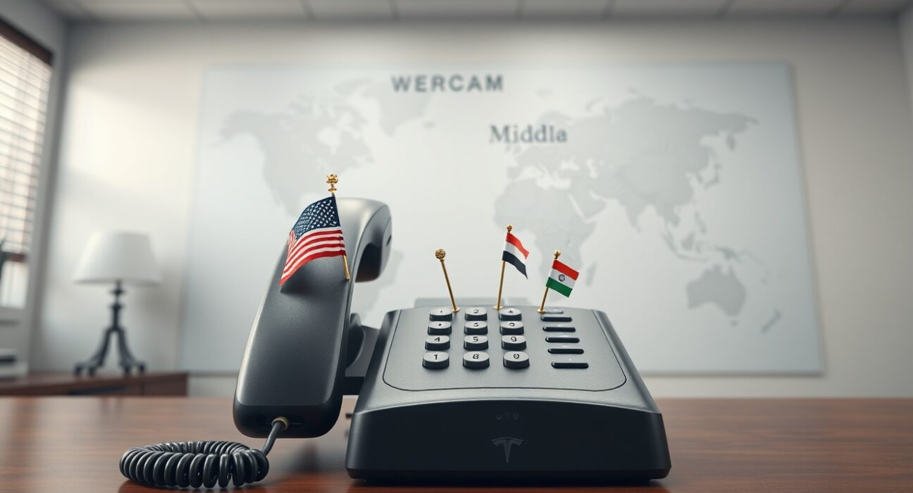 Symbolic representation of Trump, Modi, and Musk discussing Iran war crisis in diplomatic call