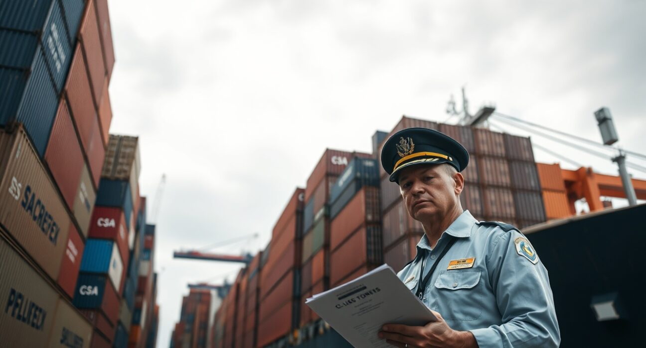 US customs official at a busy port with shipping containers, representing trade policy and tariff implications.