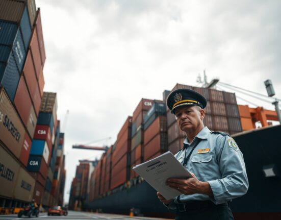 US customs official at a busy port with shipping containers, representing trade policy and tariff implications.