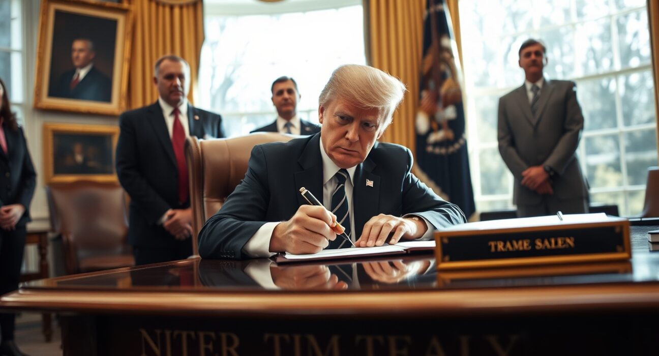 President Donald Trump signing an executive order on AI oversight in the Oval Office