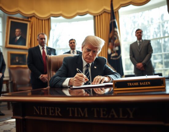 President Donald Trump signing an executive order on AI oversight in the Oval Office