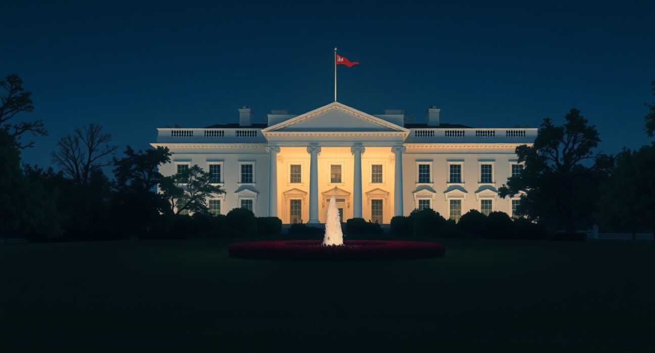 The White House at night ahead of President Trump's crucial national address on Iran.