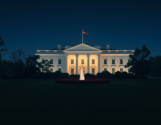 The White House at night ahead of President Trump's crucial national address on Iran.