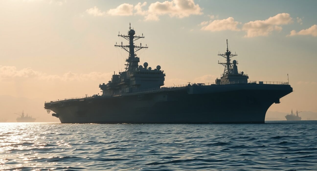 US Navy warships enforcing a naval blockade on Iran in the Persian Gulf, linked to nuclear deal negotiations.