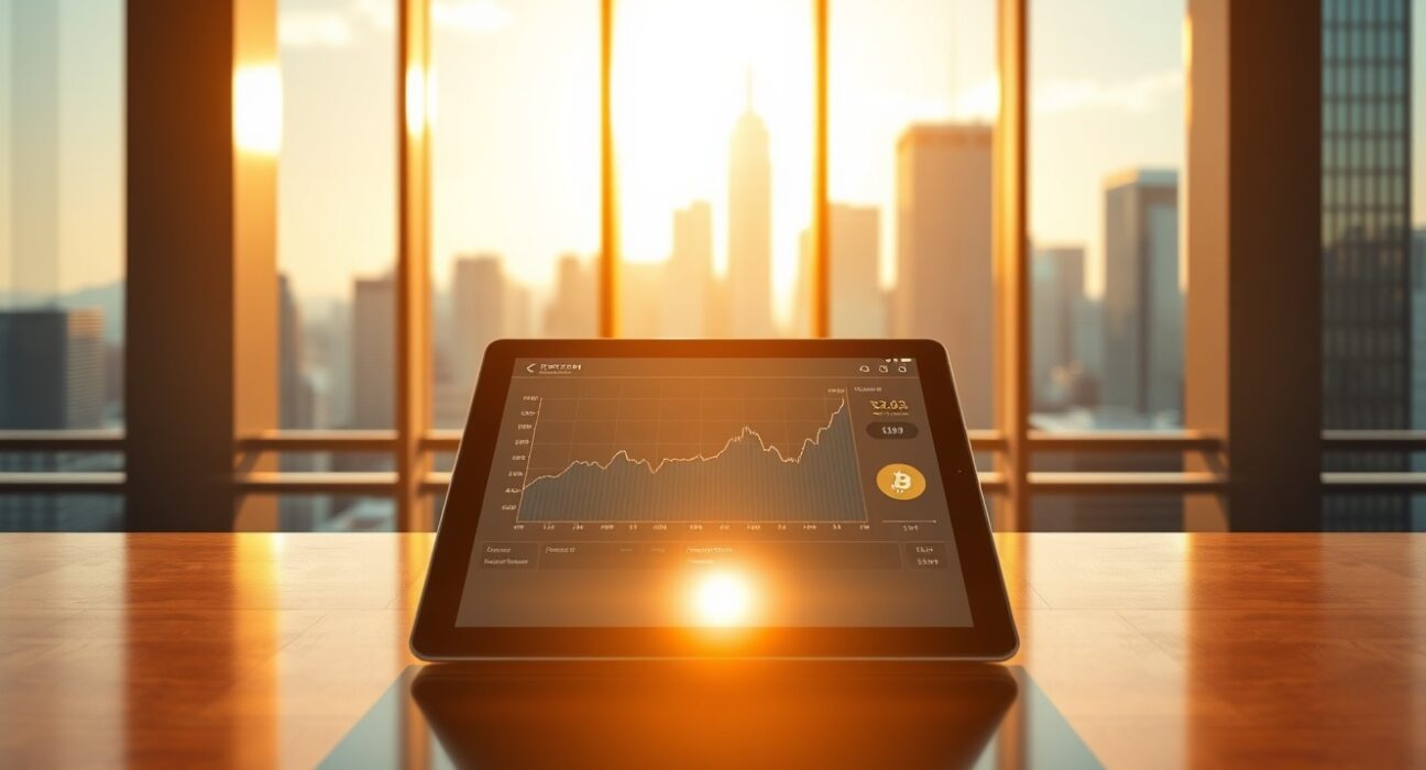 A tablet displaying a financial chart and cryptocurrency interface on a desk in a modern office with city skyline view.
