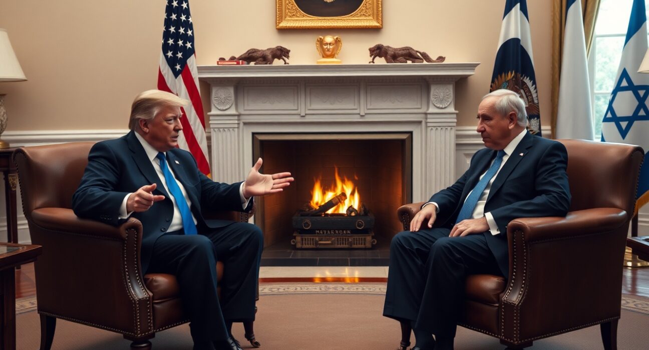 Trump and Netanyahu in tense Oval Office meeting with US and Israeli flags
