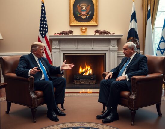 Trump and Netanyahu in tense Oval Office meeting with US and Israeli flags